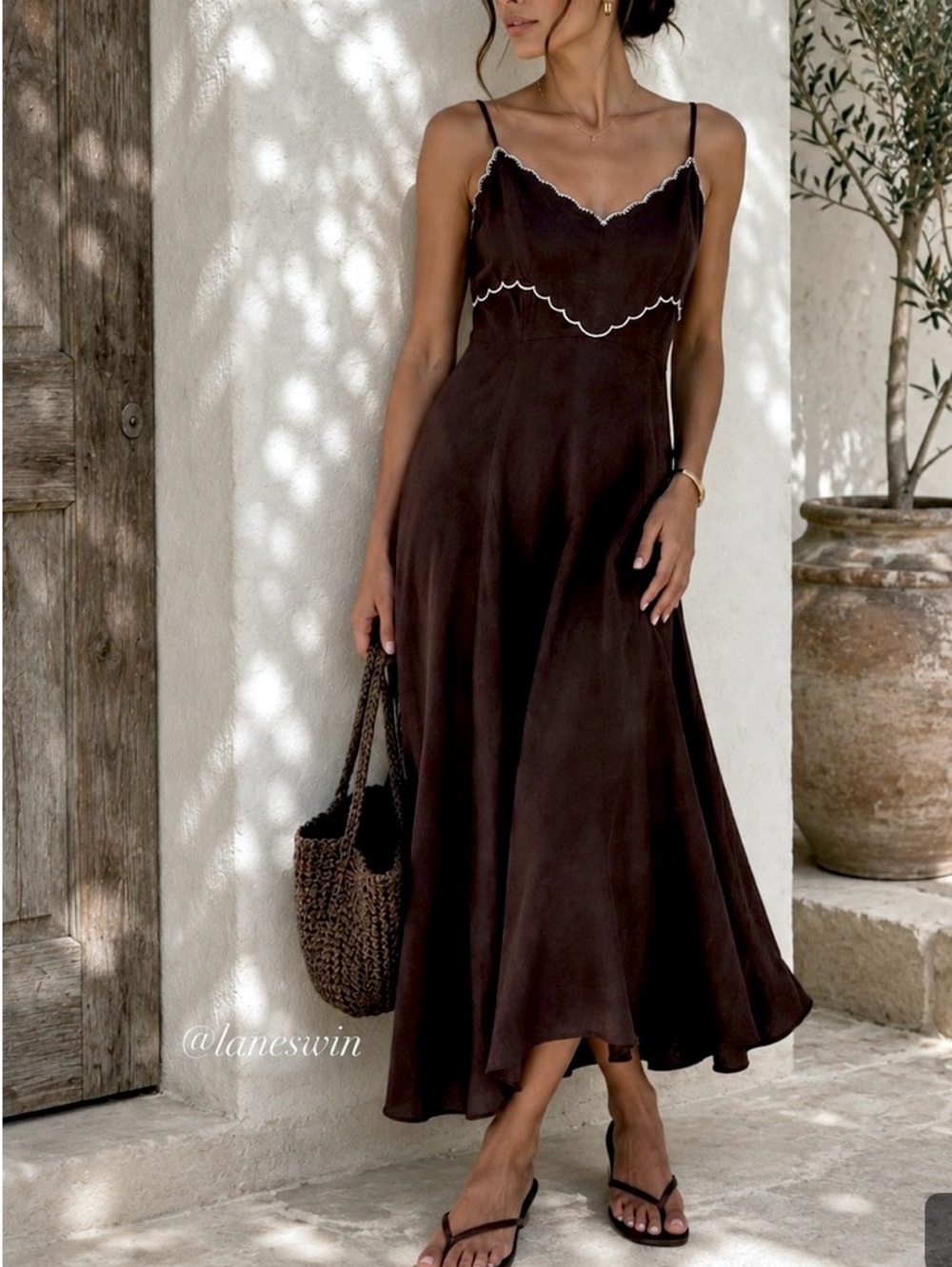 Caroline Constas Scalloped linen mix spaghetti straps maxi summer dress brown M